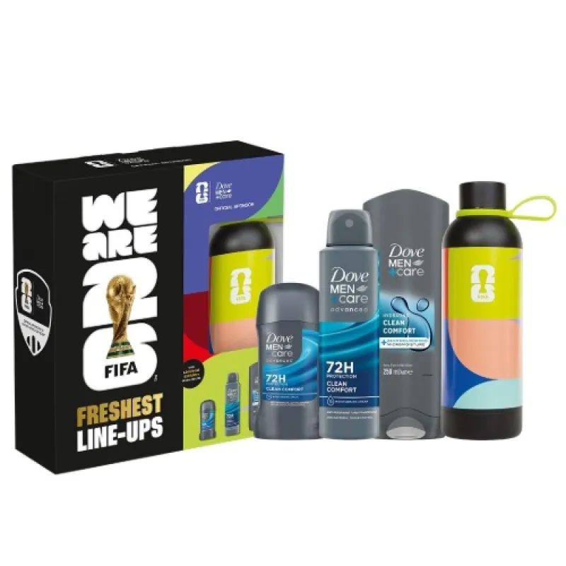 DOVE Men FIFA Limited Edition Clean Comfort Gift Set 3-in-1 + Sports Bottle (Body Wash 250 ml + Deodorant Spray 150 ml + Stick 50 ml)
