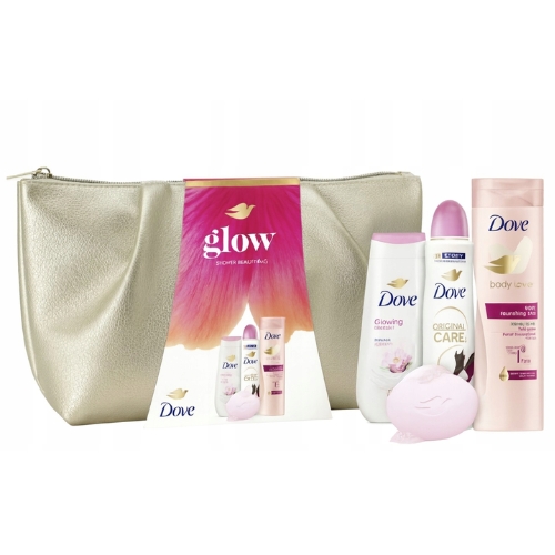 DOVE Women's Set 4/1 Glow + toiletry bag (bath 225 ml Glowing + deodorant 150 ml Advanced Care + body lotion 250 ml + soap 90 g)