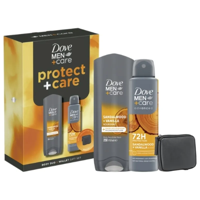 DOVE Men's Set 3/1 Protect (bath 250 ml Sandalwood + deodorant 150 ml Sandalwood + wallet)